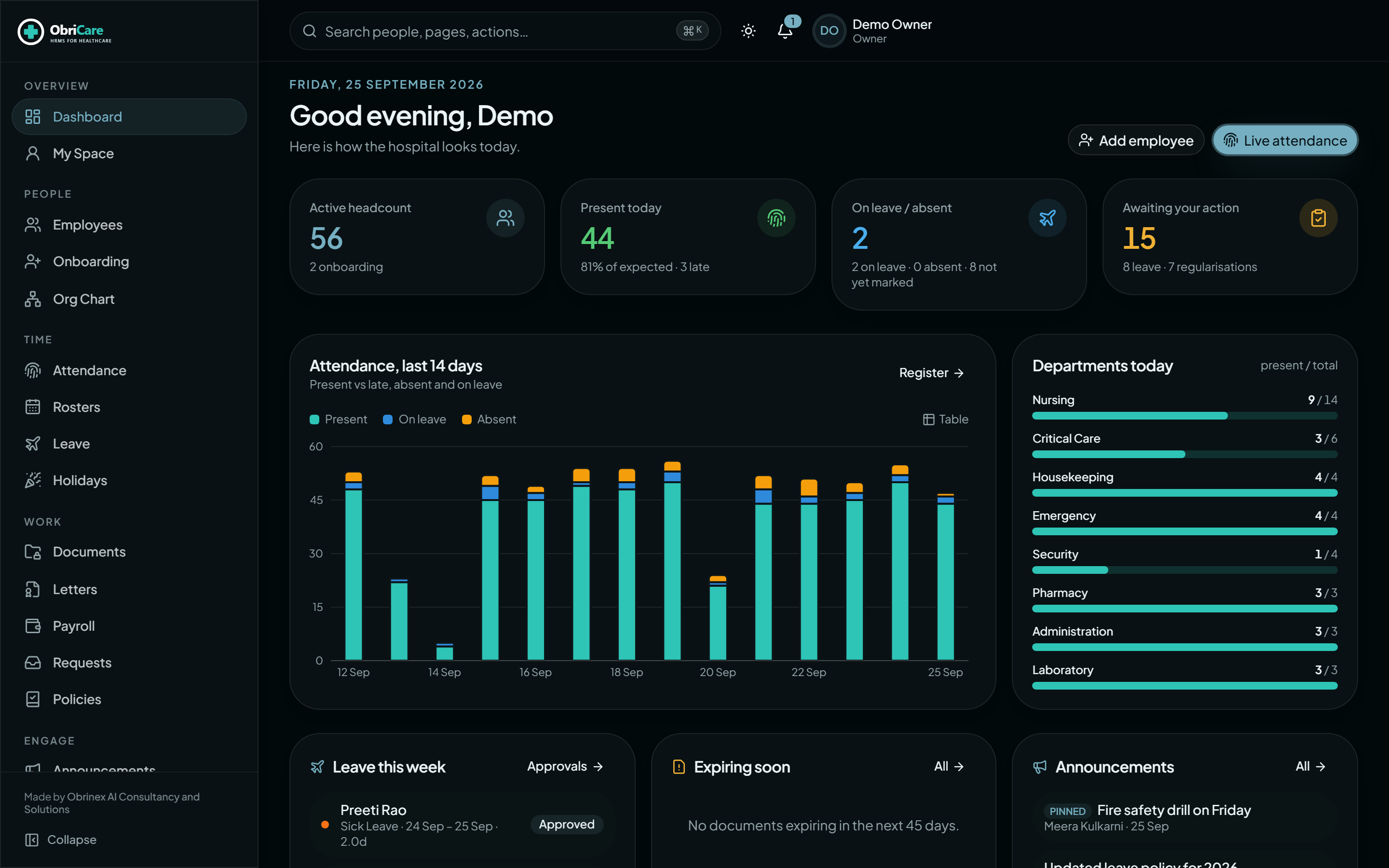 ObriCare dashboard showing headcount, attendance chart and departments